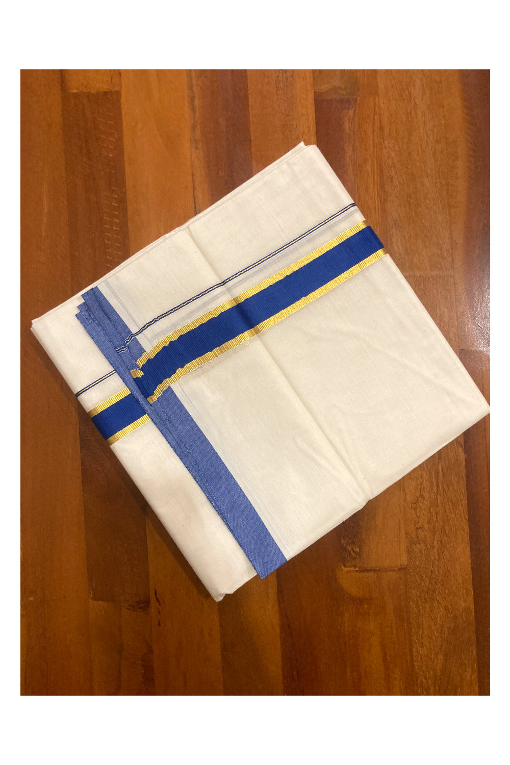 Off White Pure Cotton Double Mundu with Kasavu and Blue Border (South Indian Dhoti)