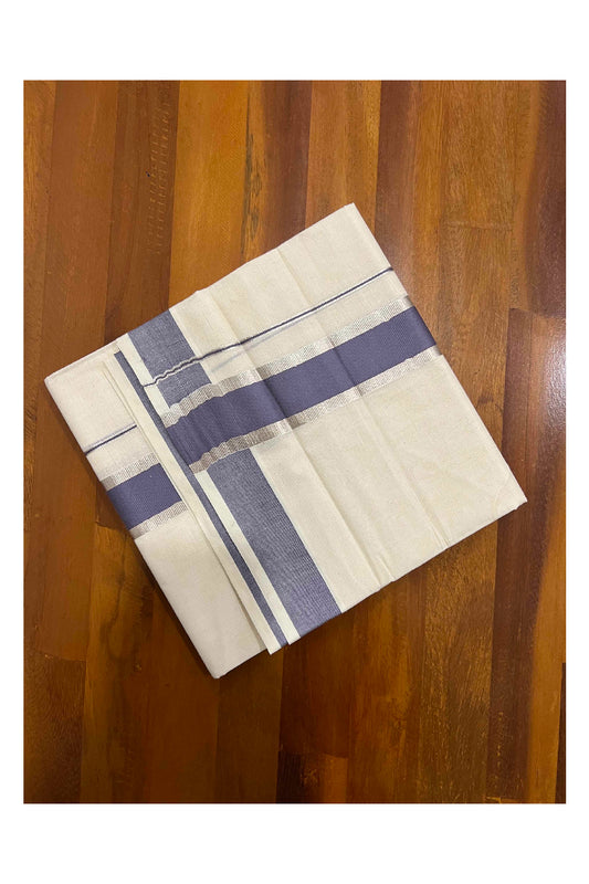 Off White Kerala Double Mundu with Silver Kasavu and Grey Border (South Indian Dhoti)