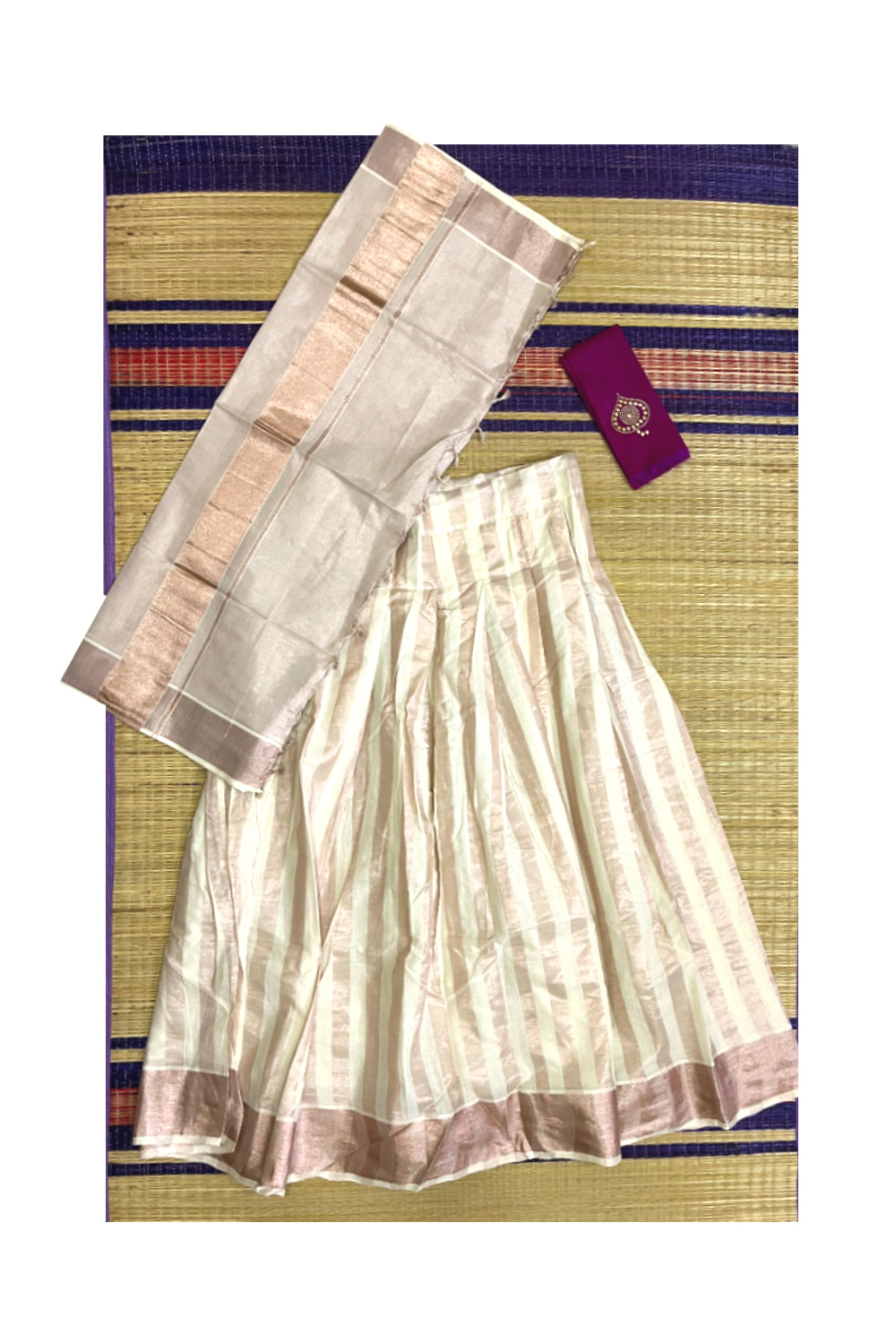 Semi Stitched Dhavani Set with Pink Kasavu Lines Cotton Pavada and Magenta Bead Work Blouse Piece