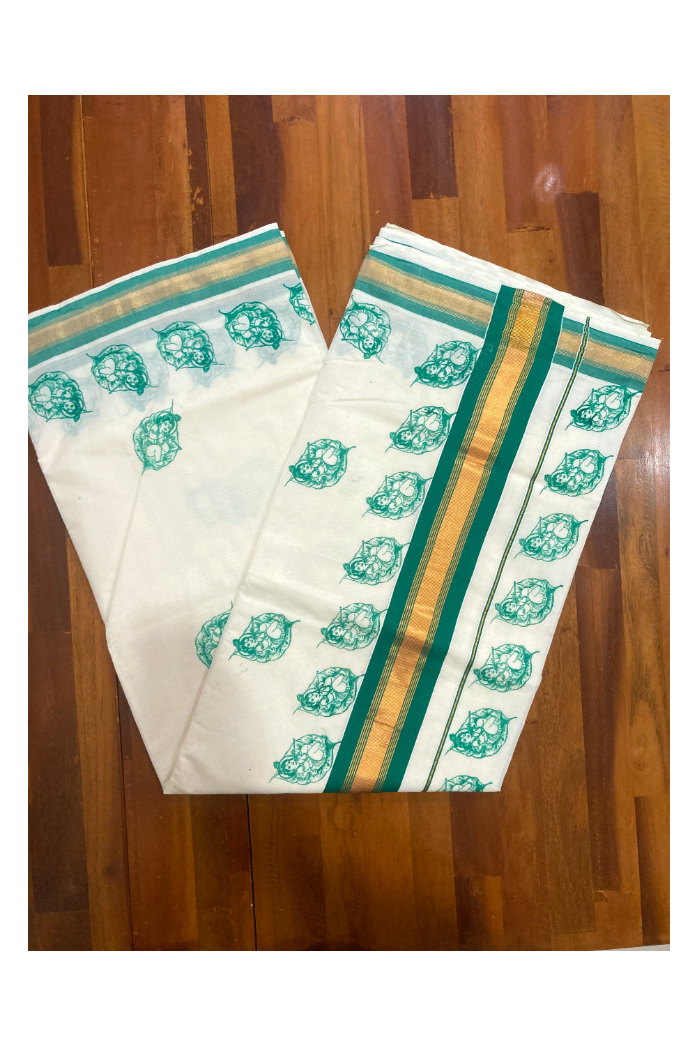 Pure Cotton Kerala Saree with Green Krishna Block Printed Design and Kasavu Border