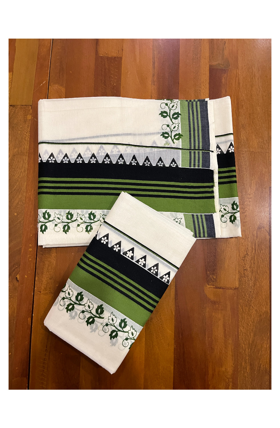 Kerala Cotton Set Mundu (Mundum Neriyathum) with Floral Prints on Green Black Border