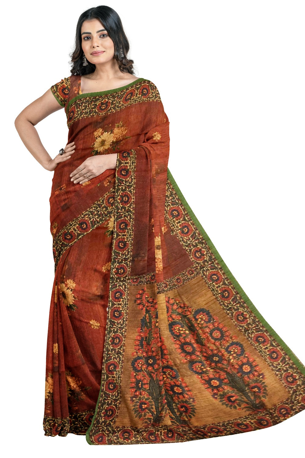 Southloom Semi Silk Dark Orange and Brown Floral work Designer Saree