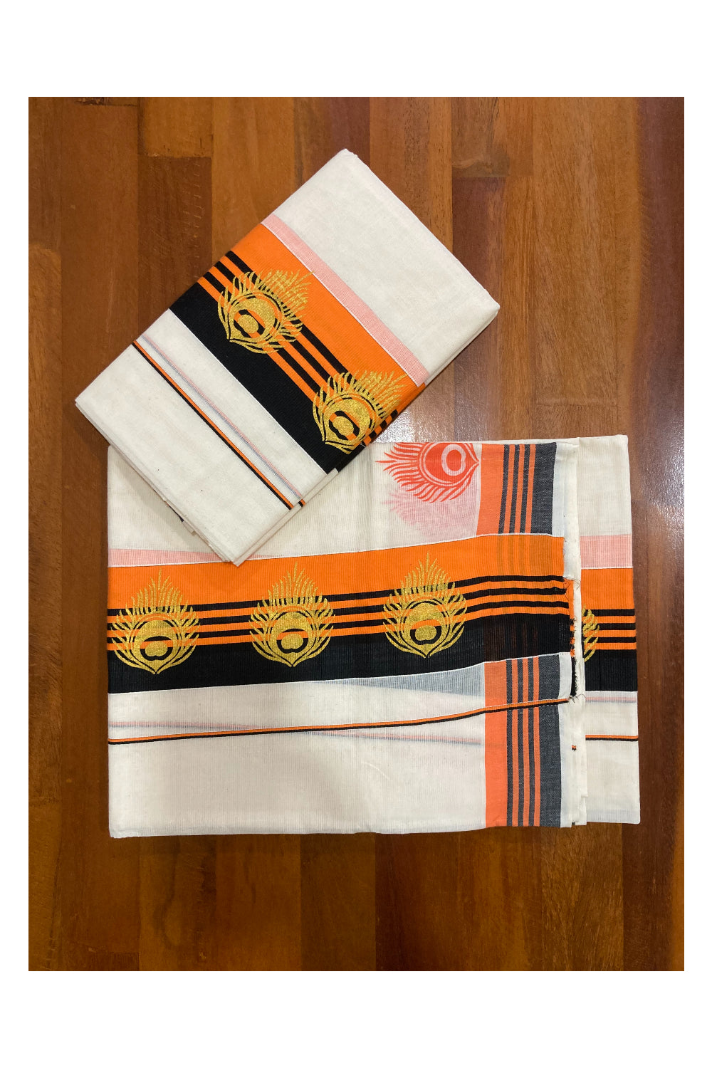 Cotton Set Mundu (Mundum Neriyathum) with Golden Block Prints on Black and Orange Border