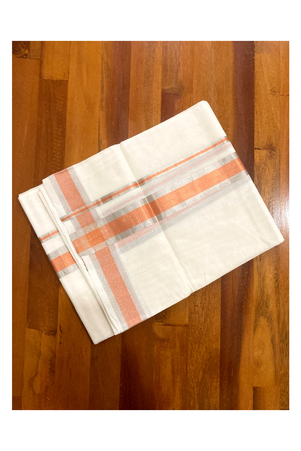 Southloom™ Premium Handloom Mundu with Silver and Copper Kasavu Border (South Indian Kerala Dhoti) 2 inch