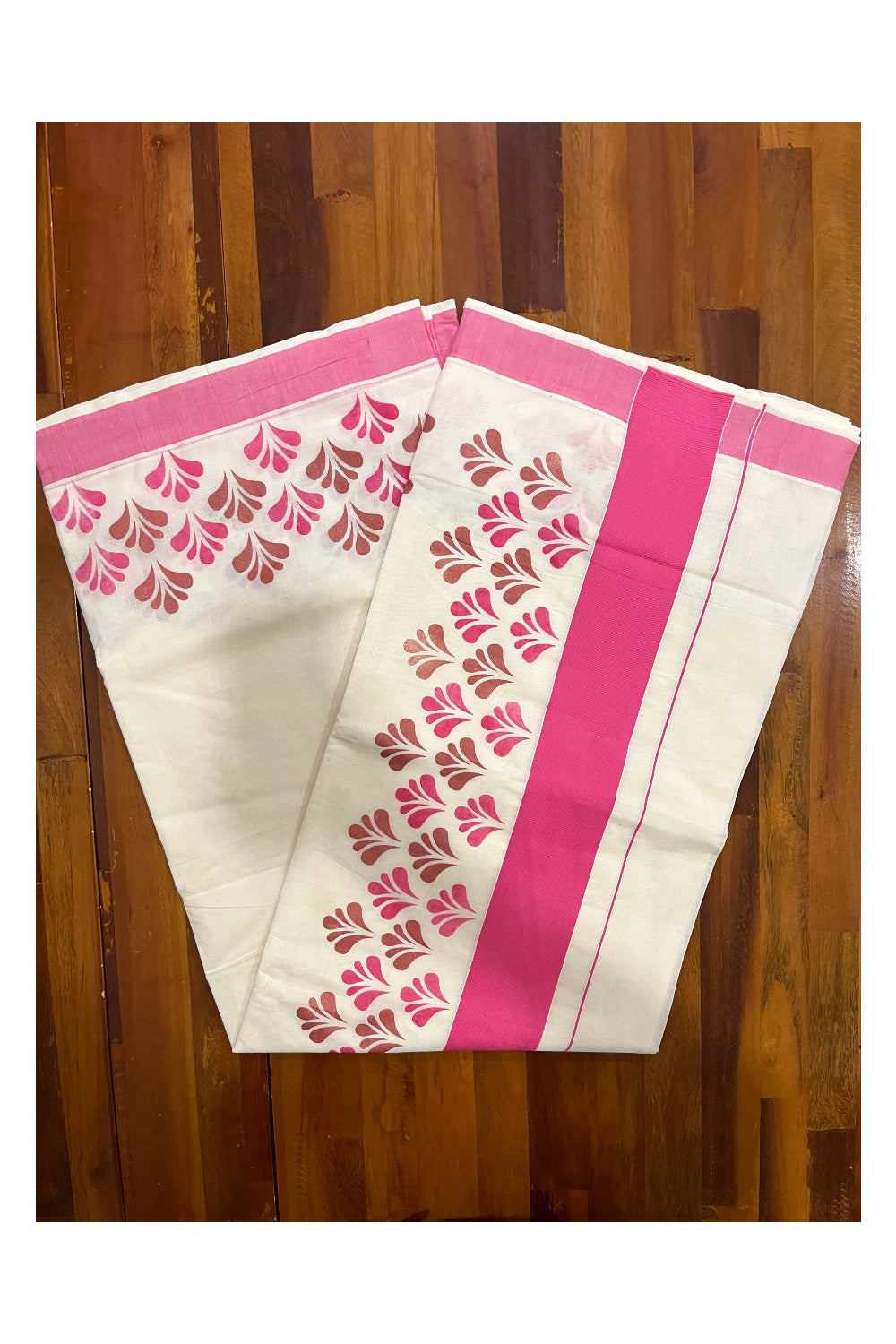 Pure Cotton Off White Kerala Saree with Pink Block Prints in Pink Border