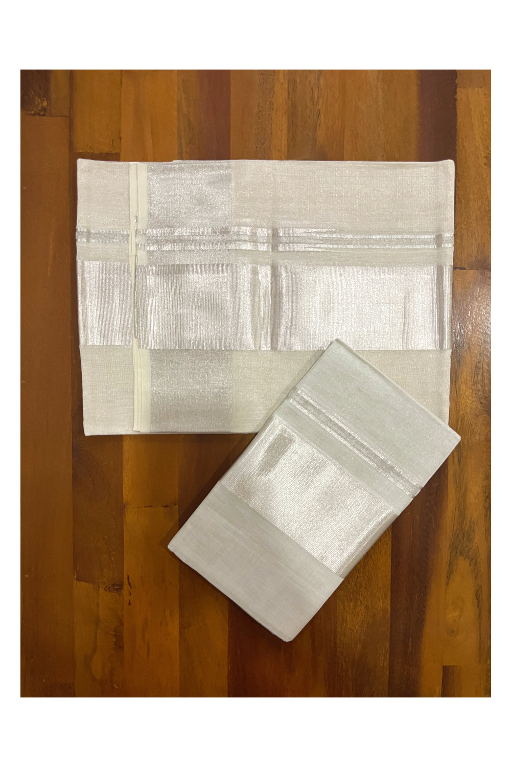 Southloom Handloom Silver Tissue Kasavu Premium Set Mundu with Plain Body (3 inch Kara and Border) 2.80 Mtrs