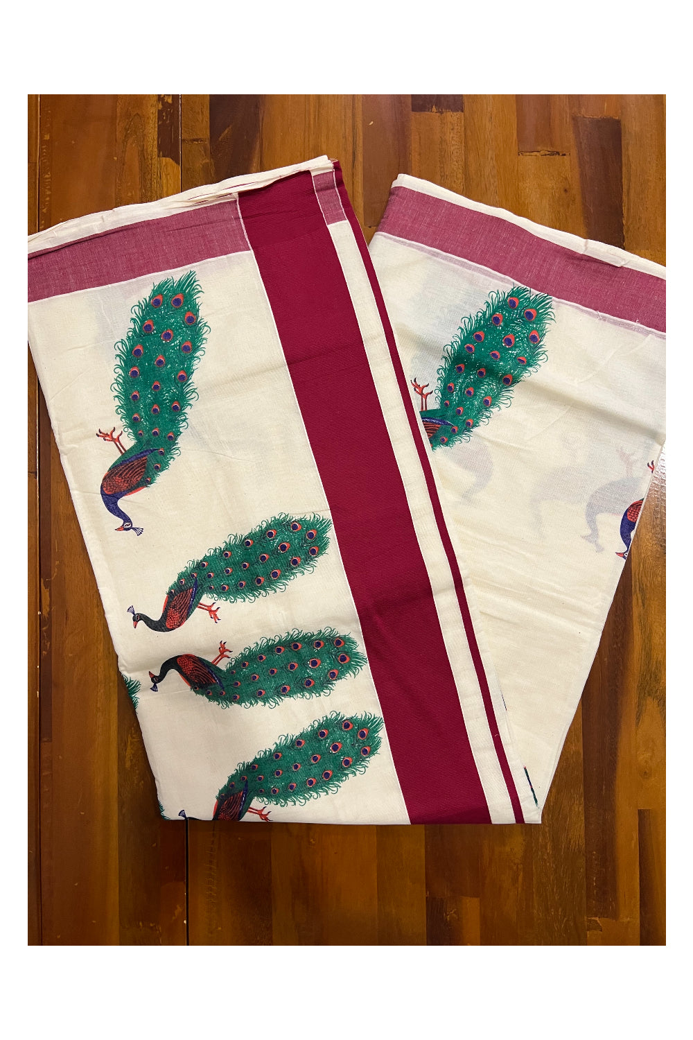 Kerala Pure Cotton Maroon Border Saree with Peacock Mural Printed Design