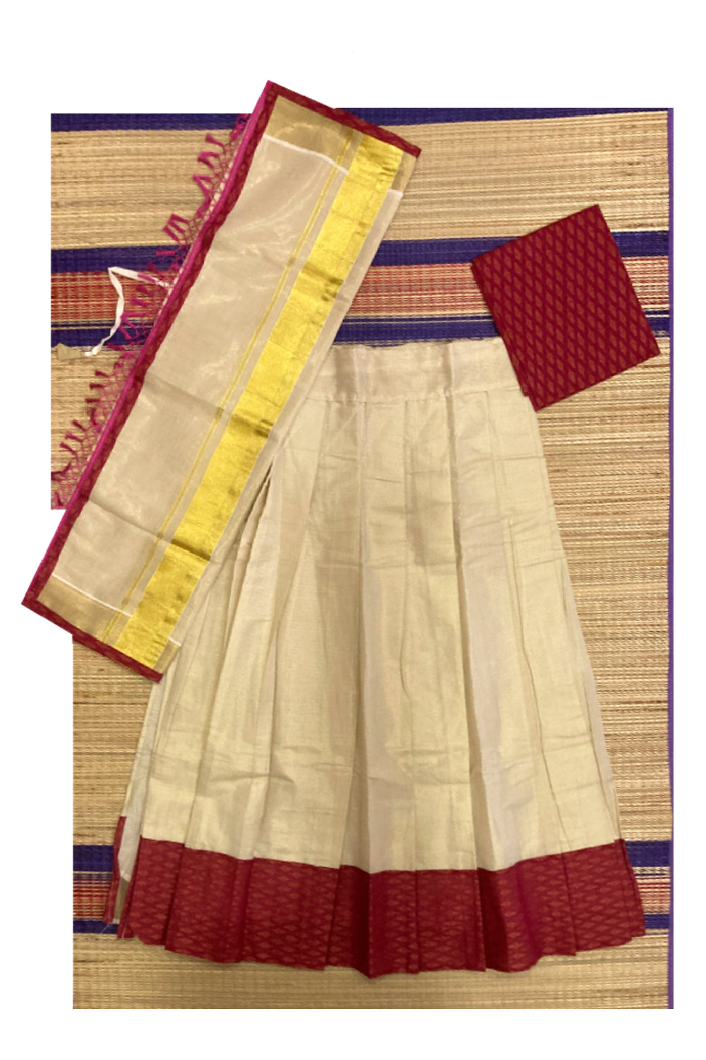 Semi Stitched Dhavani Set with Tissue Pavada and Red Designer Blouse Piece