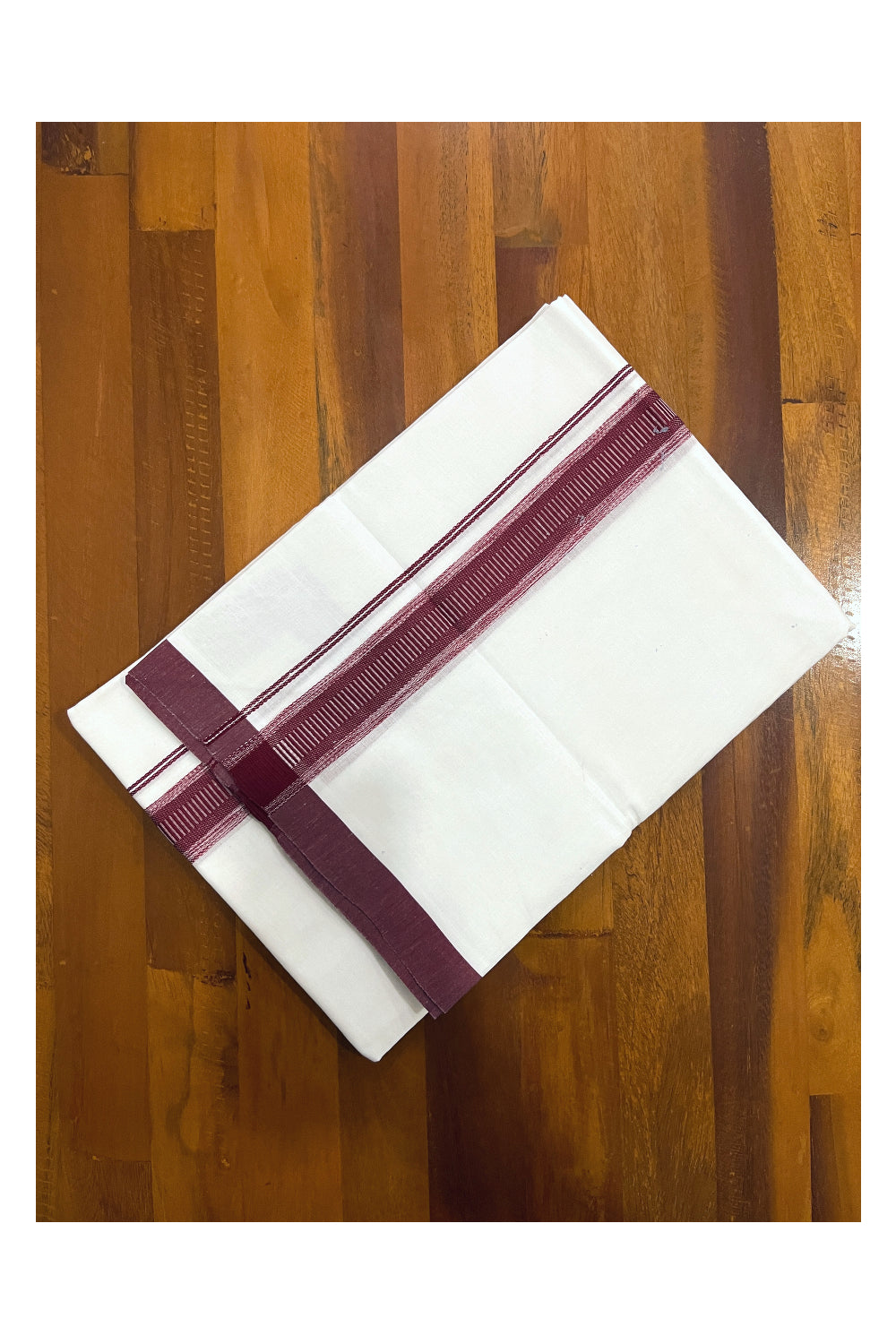 Pure White Cotton Double Mundu with Purple Border (South Indian Dhoti)