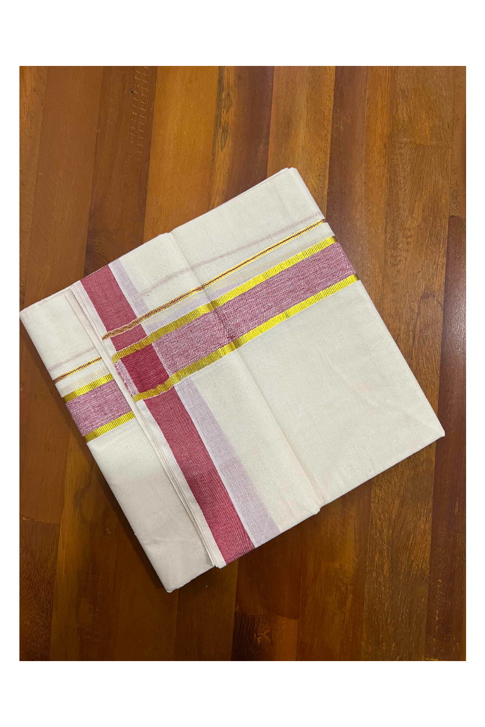 Off White Kerala Double Mundu with Kasavu and Dark Red Border (South Indian Dhoti)