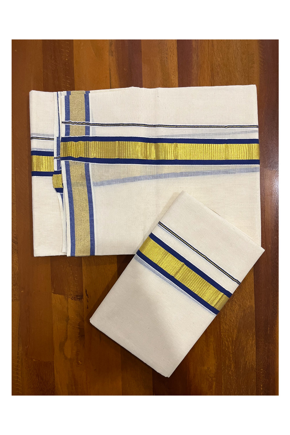 Kerala Cotton Mundum Neriyathum Single (Set Mundu) with Blue and Kasavu Border 2.80 Mtrs
