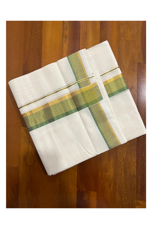 Southloom Kuthampully Handloom Pure Cotton Mundu with Golden and Light Green Kasavu Border (South Indian Dhoti)