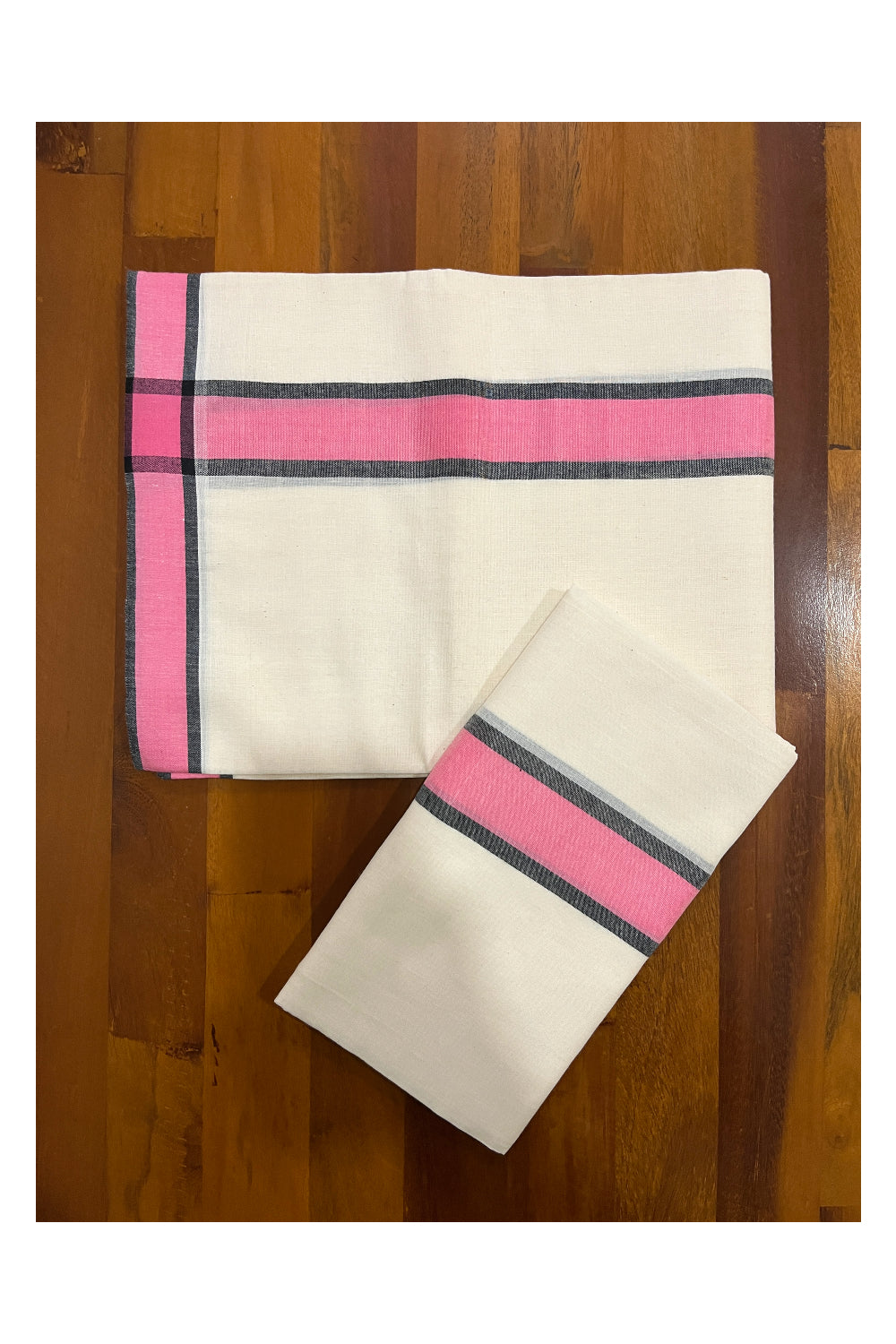 Kerala Cotton Mundum Neriyathum Single (Set Mundu) with Pink and Black Mulloth Border (Extra Soft Cotton)