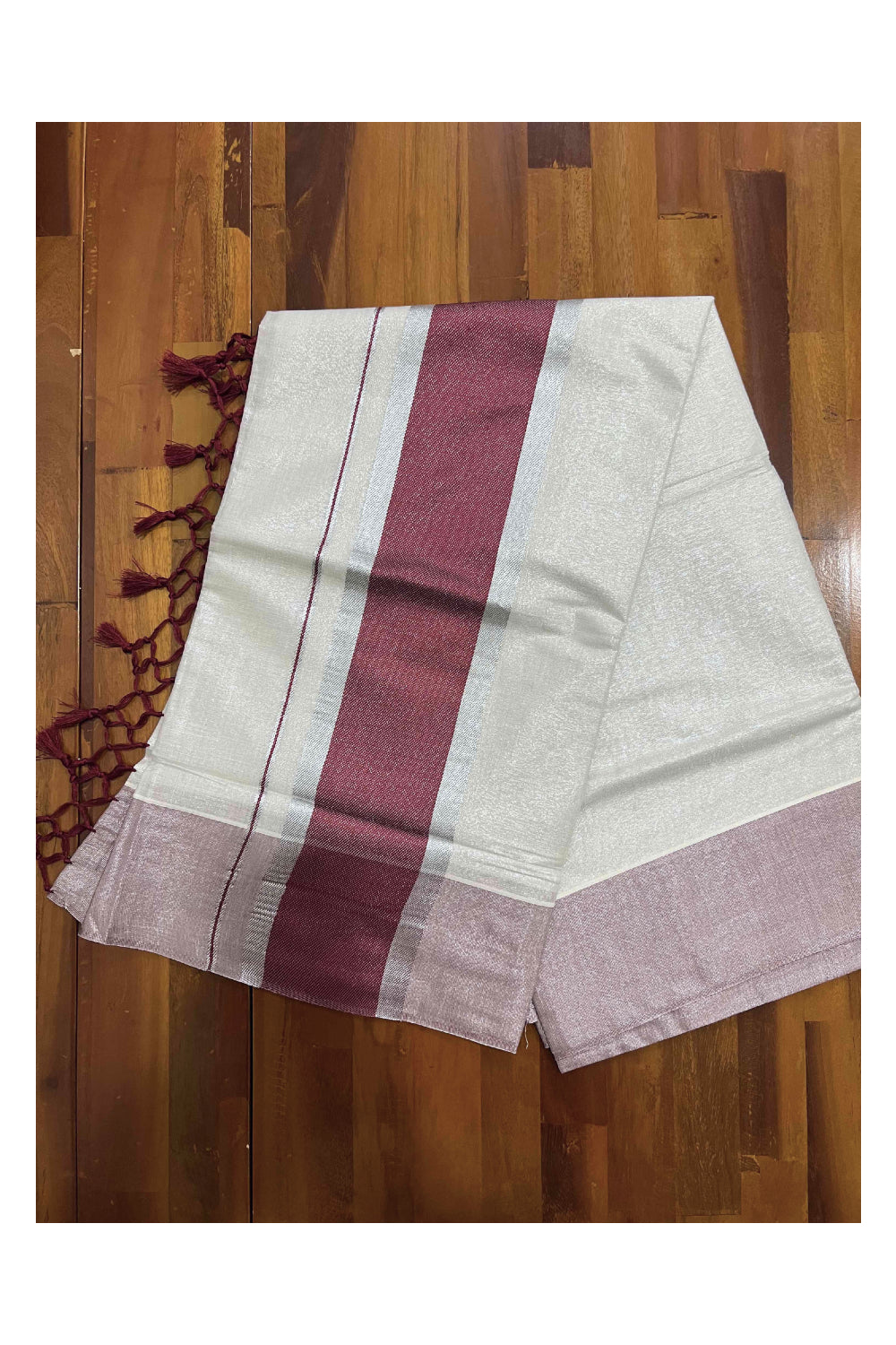 Kerala Kasavu Silver Tissue Saree with Maroon Kara and Border with Tassels