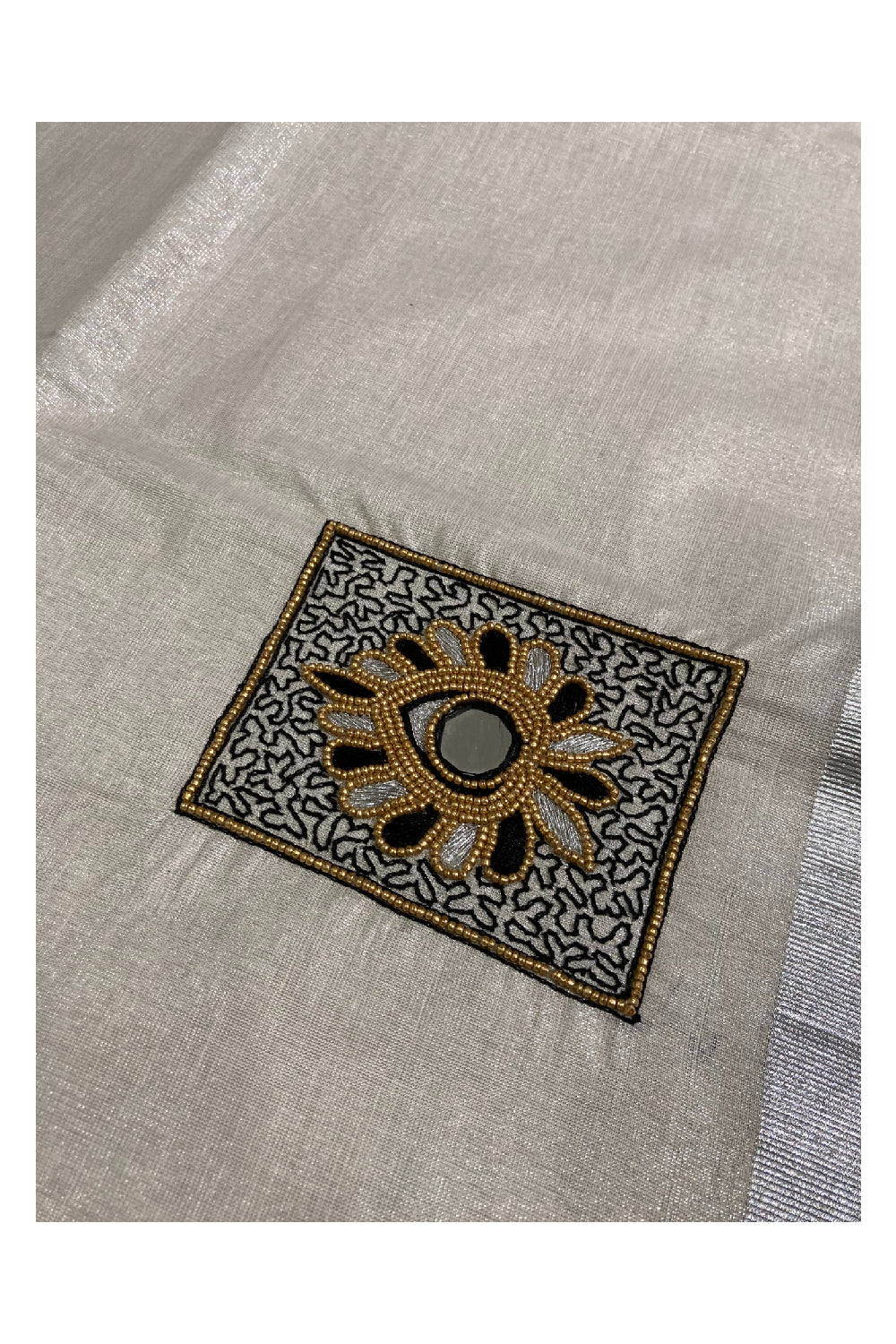 Silver Kasavu Tissue Saree with Black and Gold Bead Work (Blouse Piece with Work Included)