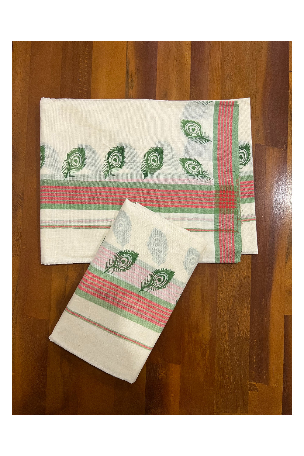 Pure Cotton Set Mundu (Mundum Neriyathum) with Green Feather Block Prints on Red and Green Border