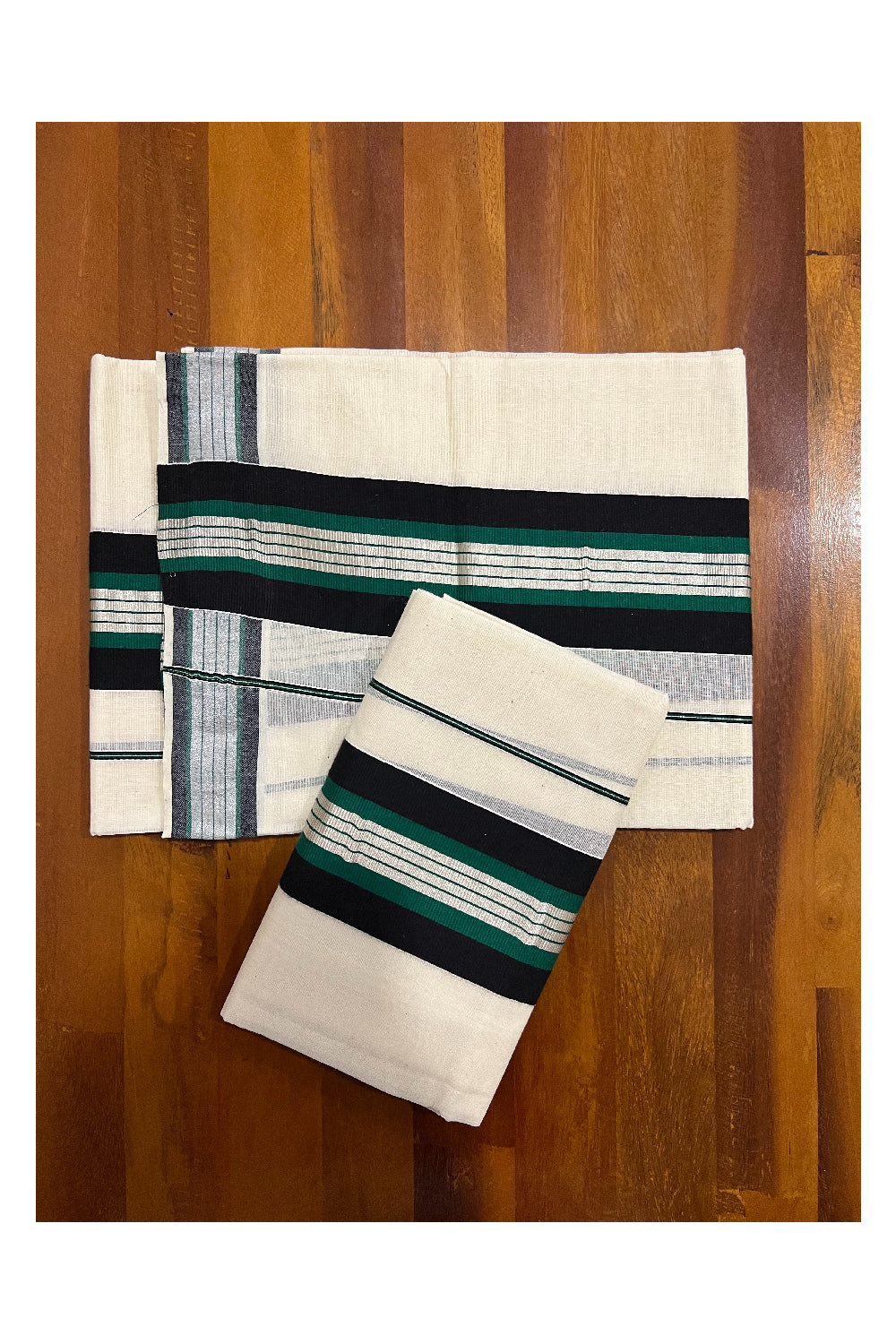 Pure Cotton Mundum Neriyathum Single (Set Mundu) with Silver Kasavu Black and Dark Green Border 2.80 Mtrs