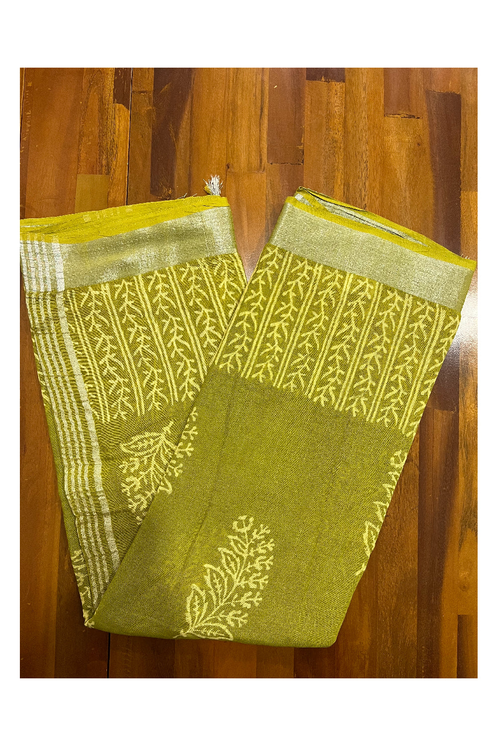 Southloom Linen Light Green Designer Saree with White Prints and Tassels on Pallu