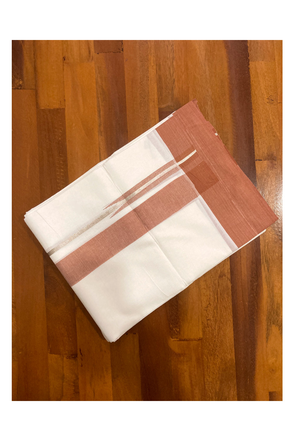 Pure White Kerala Cotton Double Mundu with Silver Kasavu and Dark Orange Border (South Indian Dhoti)