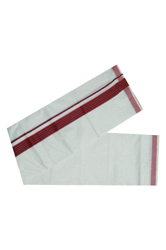 Off White Pure Cotton Mundu with Black lines on Maroon Border (South Indian Dhoti)