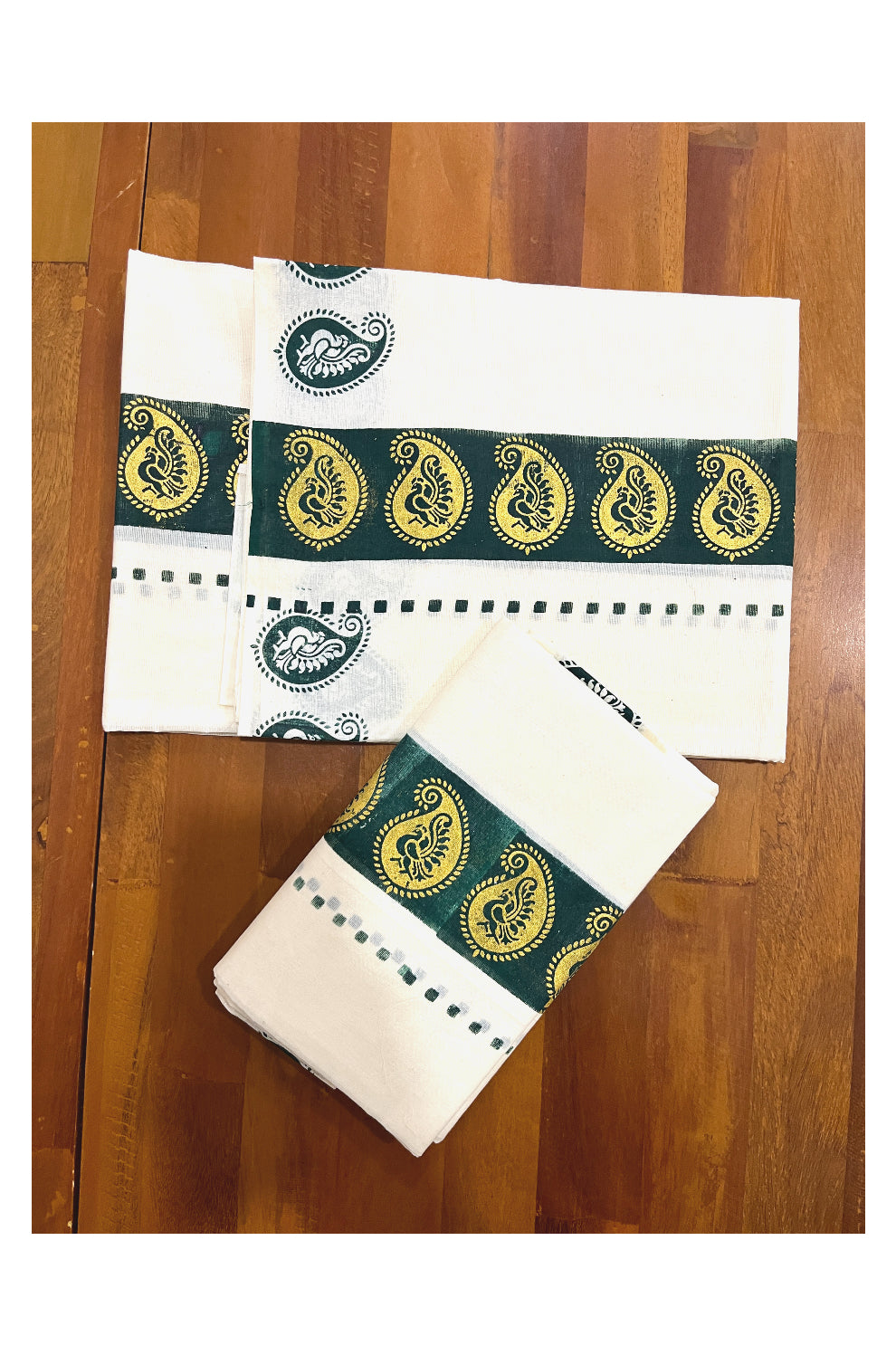 Kerala Cotton Set Mundu (Mundum Neriyathum) with Golden Paisley Block Prints on Green Border 2.80 Mtrs