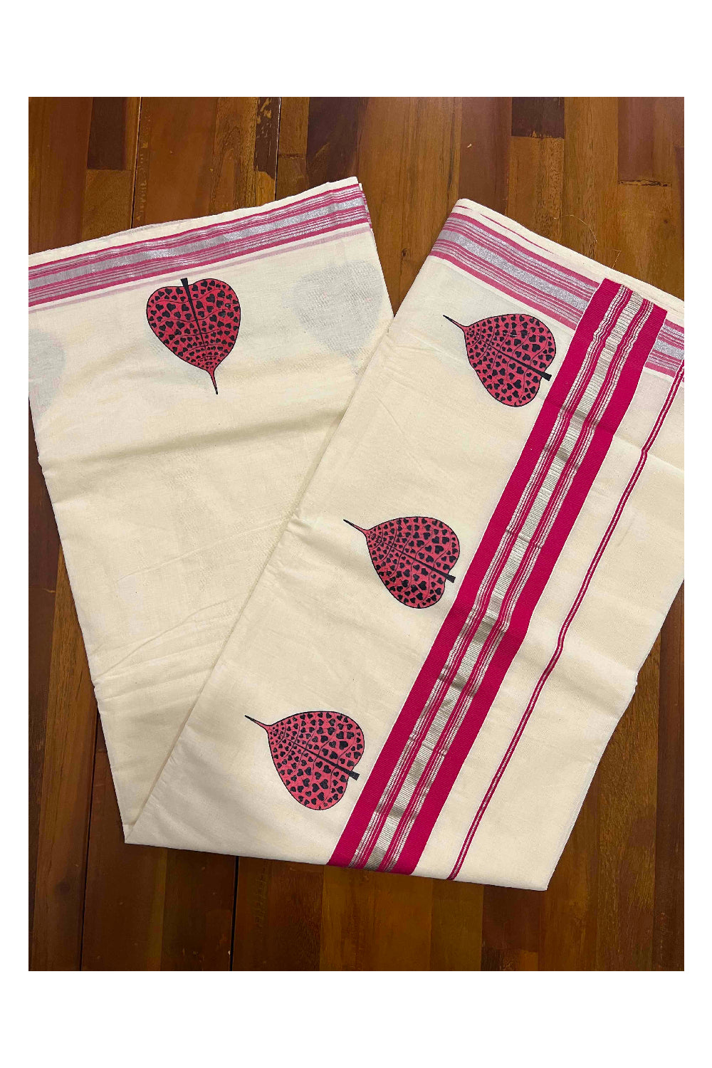 Pure Cotton Kerala Silver Kasavu and Dark Pink Border Saree with Mural Leaf Prints