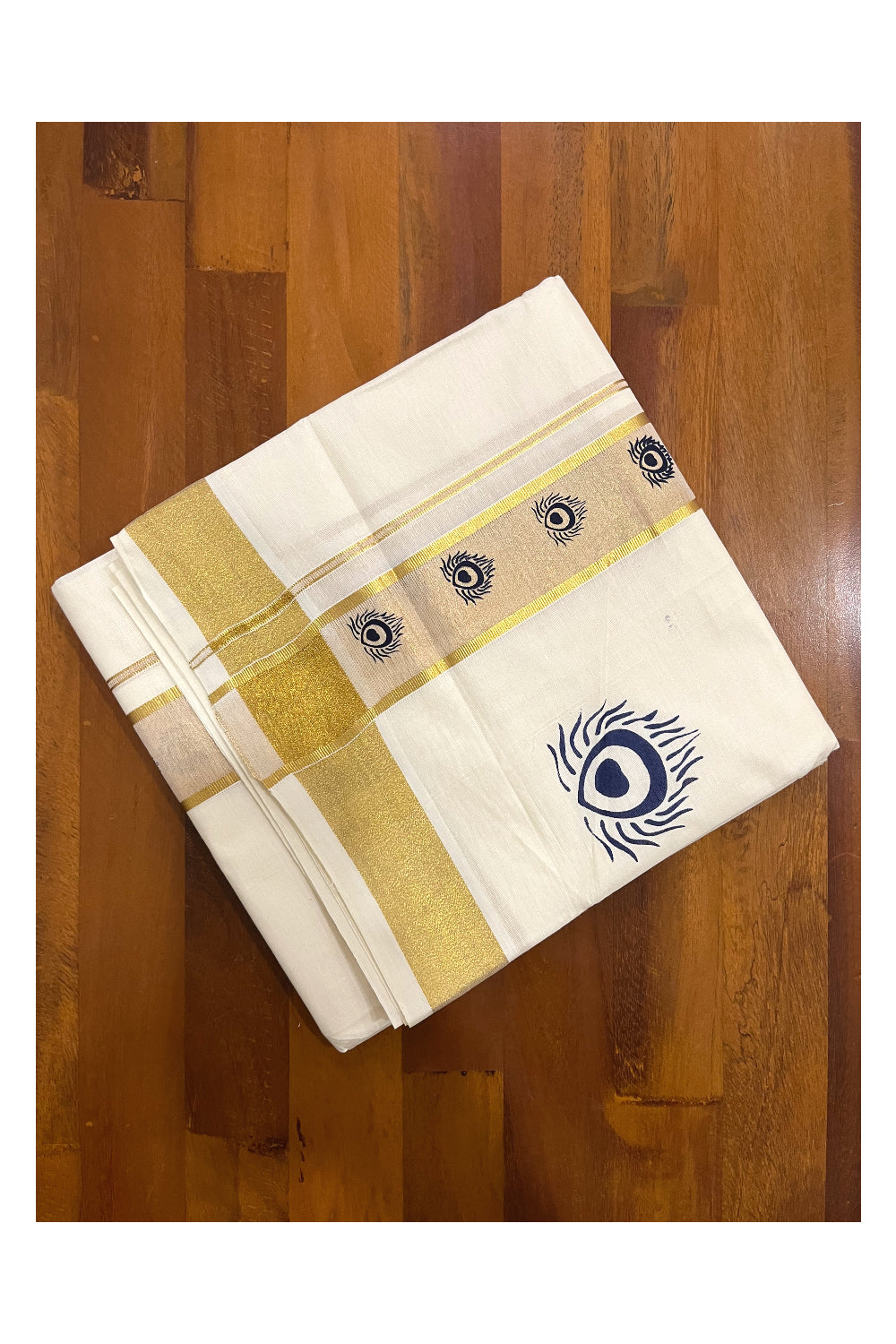 Pure Cotton Off White Double Mundu with Blue Block Prints on Kasavu Kara (South Indian Dhoti)