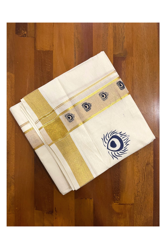 Pure Cotton Off White Double Mundu with Blue Block Prints on Kasavu Kara (South Indian Dhoti)