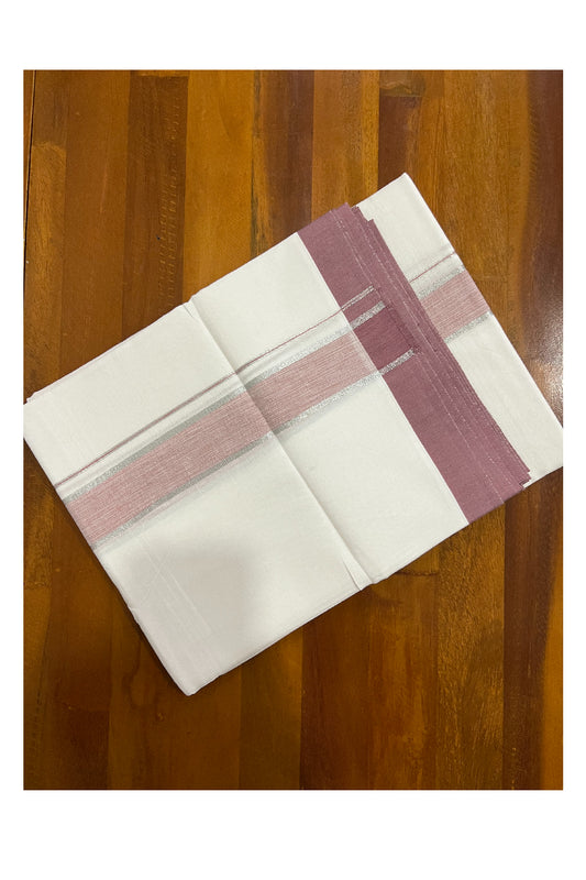 Pure White Kerala Cotton Double Mundu with Silver Kasavu and Brick Red Border (South Indian Kerala Dhoti)