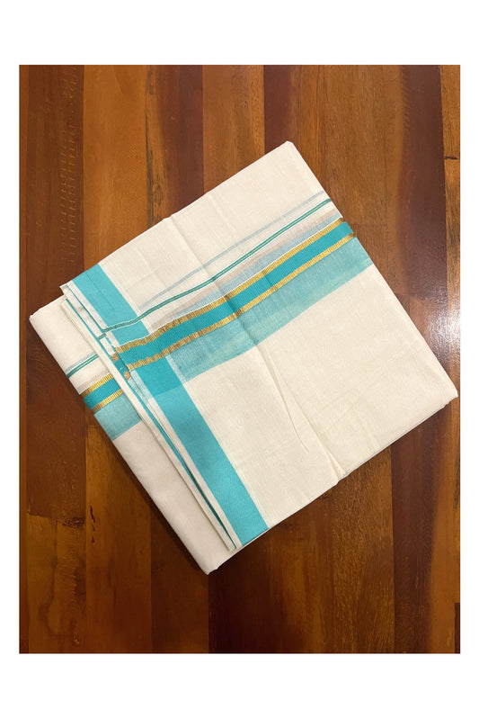 Pure Cotton Double Mundu with Turquoise and Kasavu Kara (South Indian Dhoti)