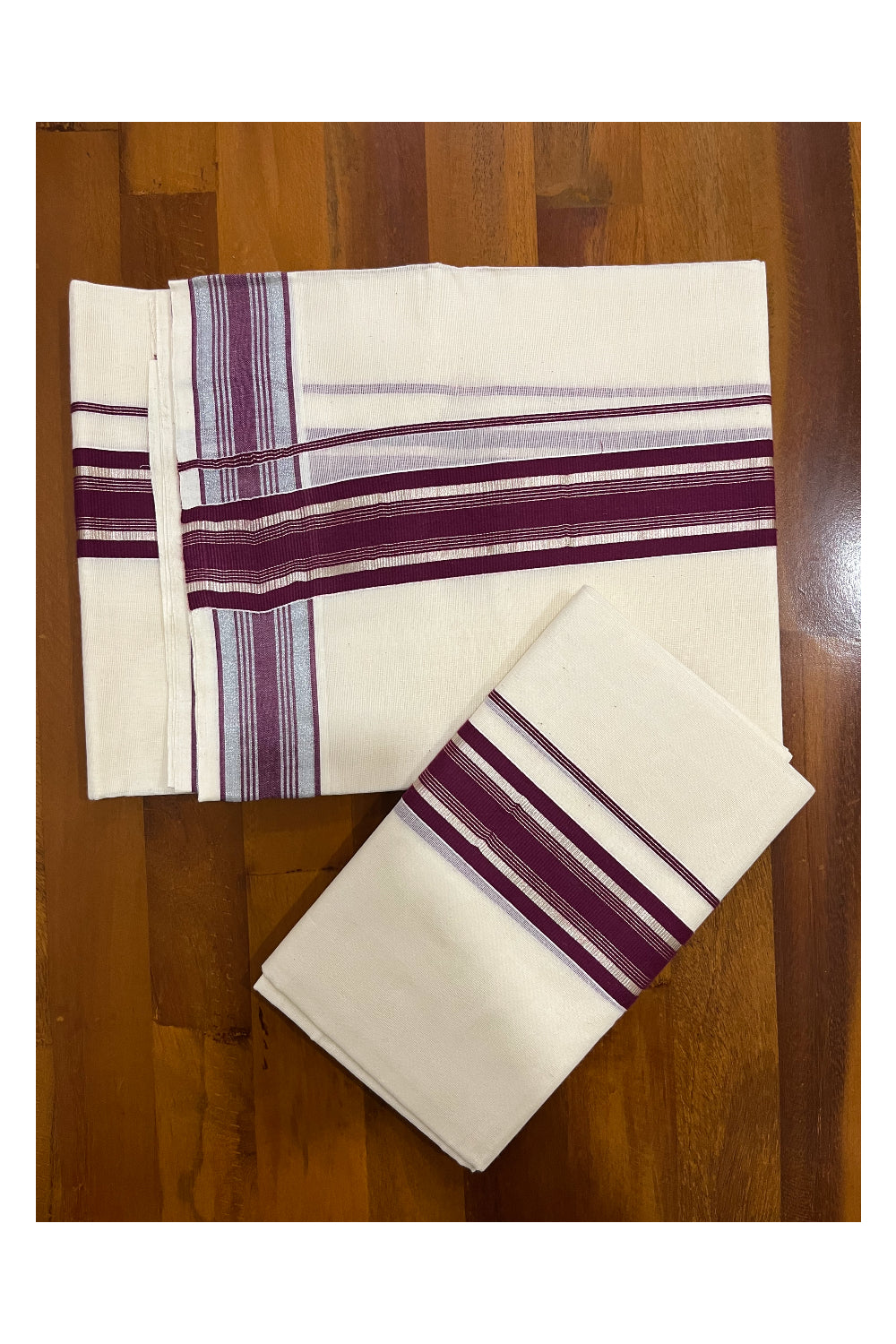 Kerala Cotton Mundum Neriyathum Single (Set Mundu) with Purple and Silver Kasavu Border 2.80 Mtrs