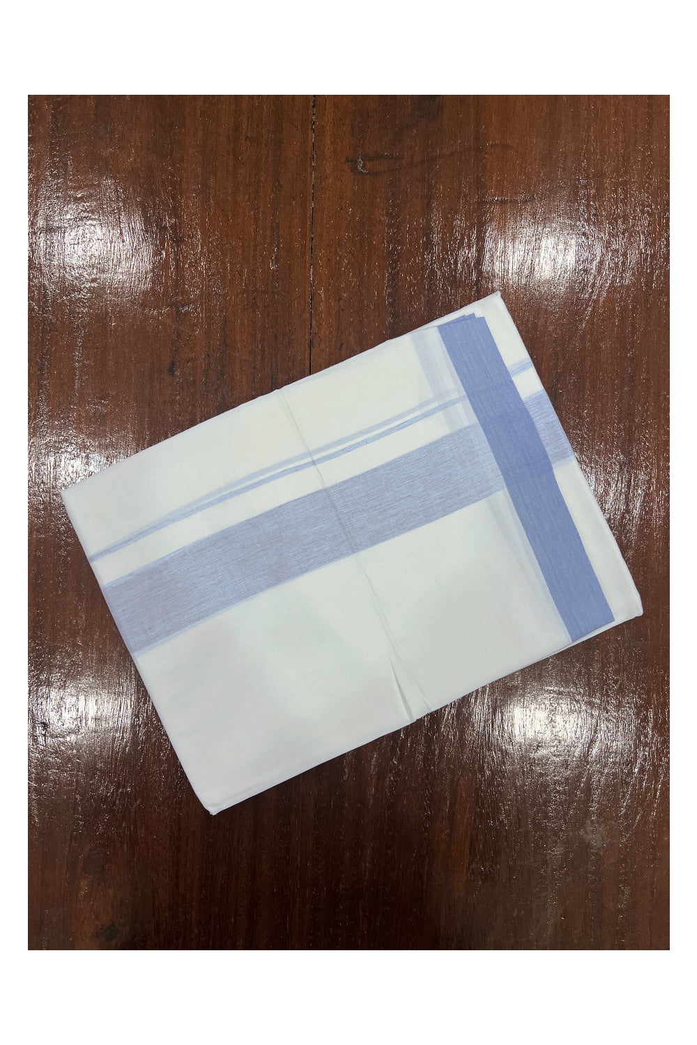 Pure White Cotton Double Mundu with Blue Border (South Indian Dhoti)