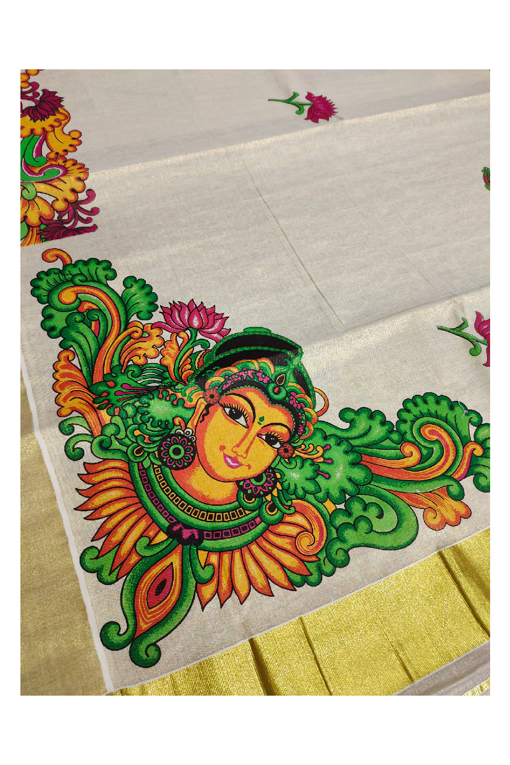 Kerala Tissue Kasavu Saree With Mural Krishna Face Design