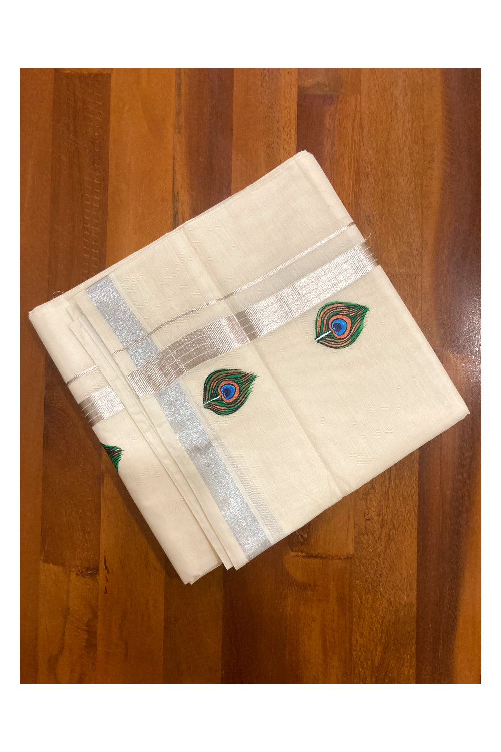 Off White Pure Cotton Double Mundu with Mural Prints on Silver Kasavu Kara (South Indian Dhoti)