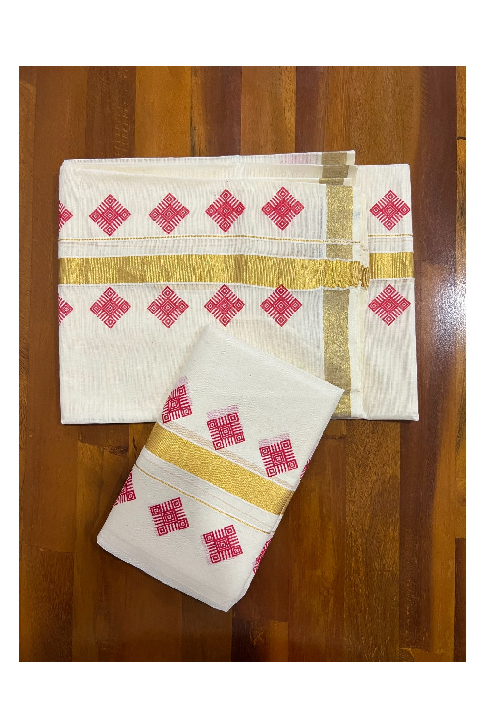 Kerala Cotton Kasavu Set Mundu (Mundum Neriyathum) with Red Block Prints on Border