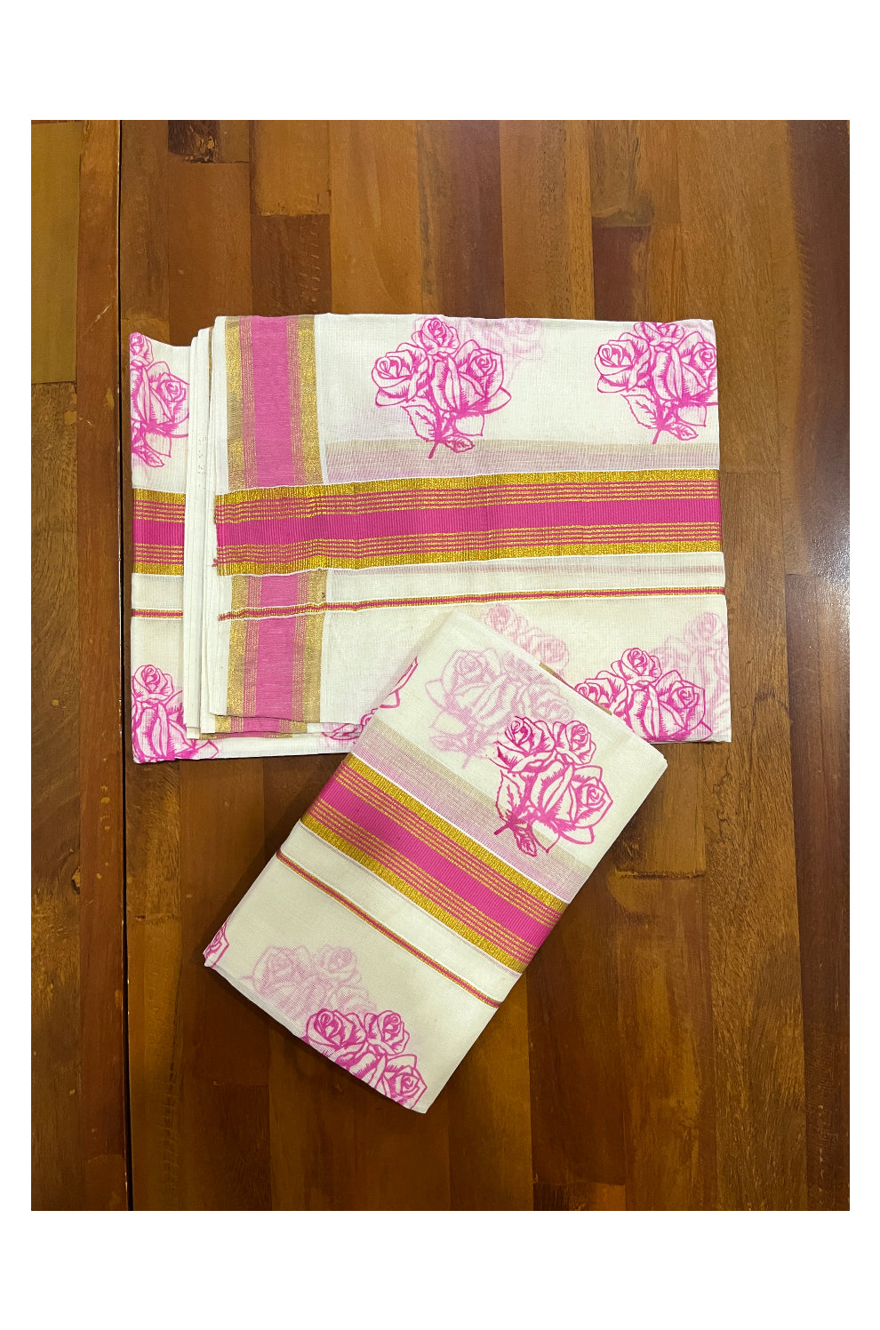 Pure Cotton Kasavu Single Set Mundu (Mundum Neriyathum) with Pink Floral Block Prints