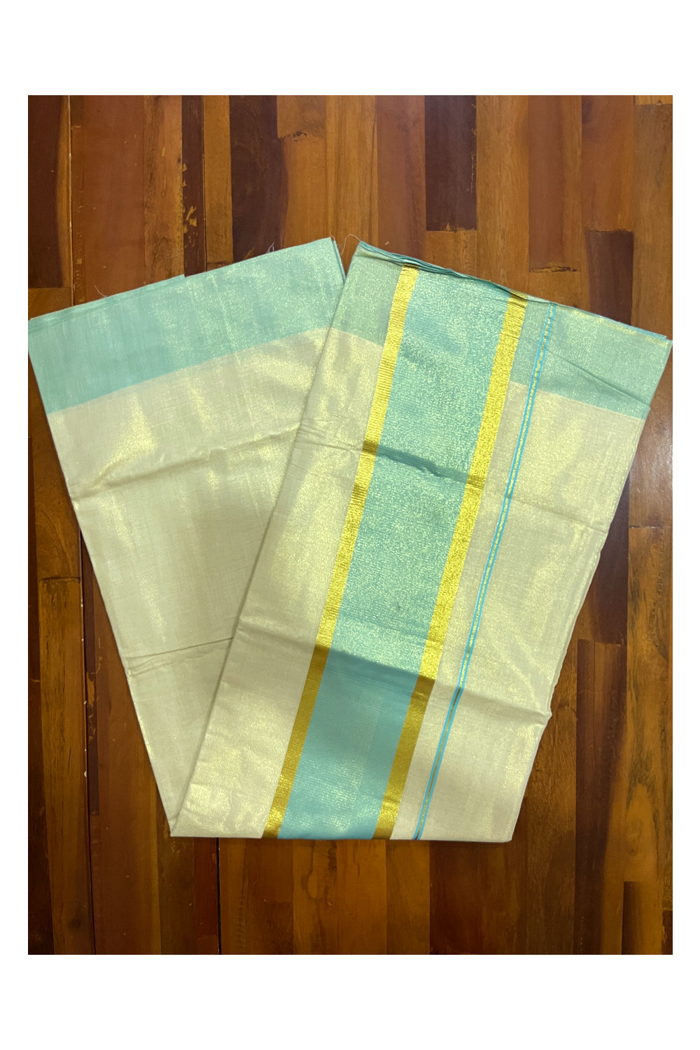 Kerala Tissue Kasavu Plain Saree with Turquoise and Kasavu Border