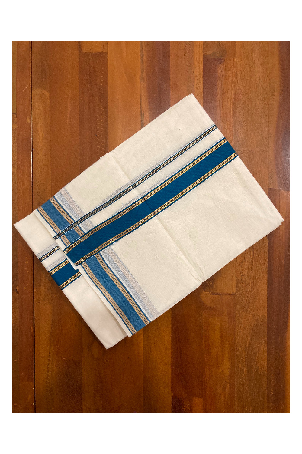 Off White Kerala Double Mundu with Kasavu and Dark Teal Blue Border (South Indian Dhoti)