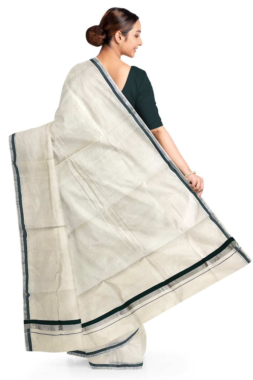 Kerala Pure Cotton Plain Saree with Silver Kasavu and Green Border