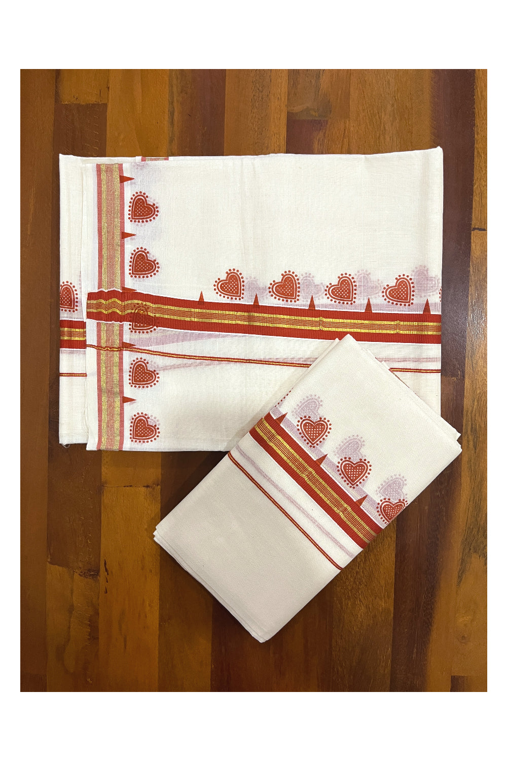 Kerala Cotton Single Kasavu Set Mundu (Mundum Neriyathum) with Orange Block Prints on Border