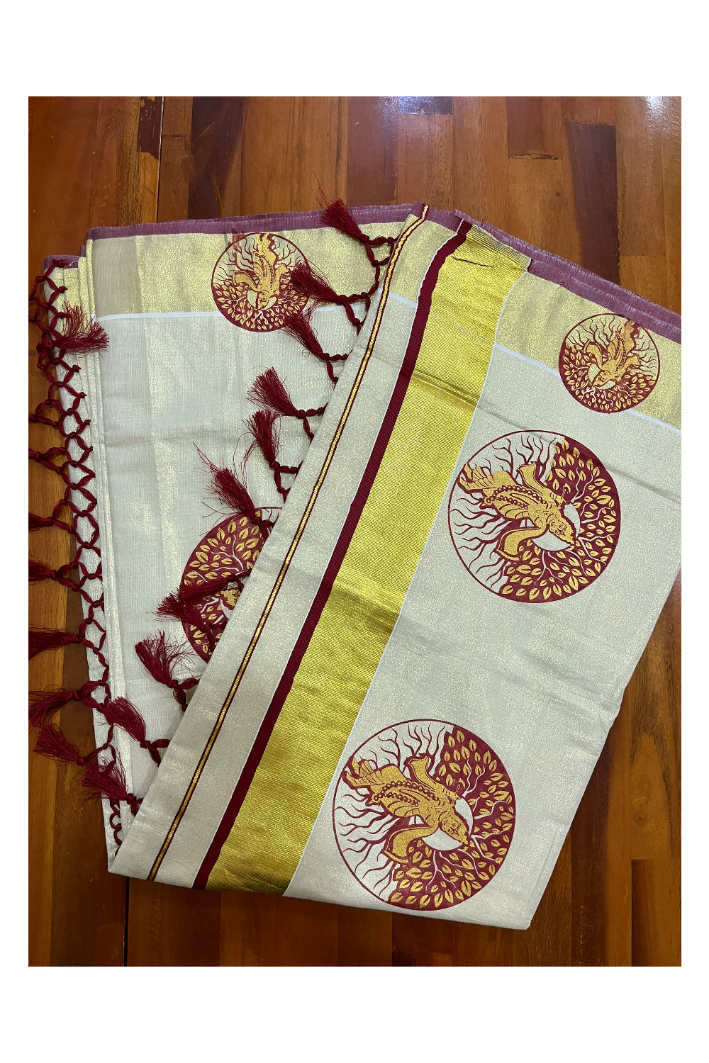 Kerala Tissue Kasavu Maroon Golden Krishna Block Printed Design Saree