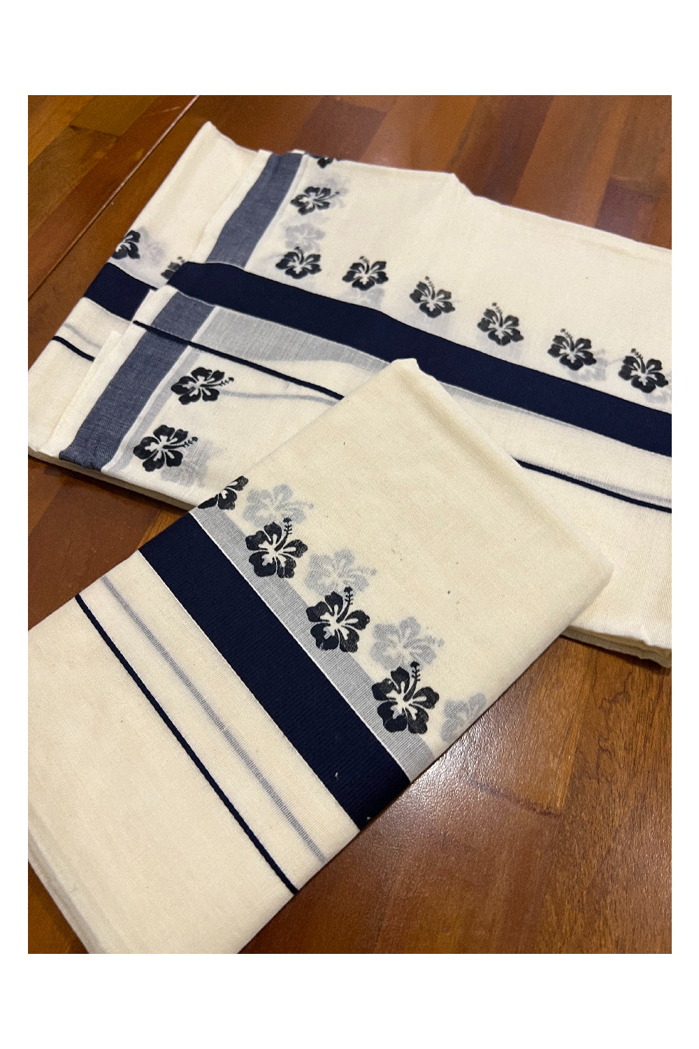 Pure Cotton Set Mundu (Mundum Neriyathum) with Navy Blue Floral Block Prints on Border