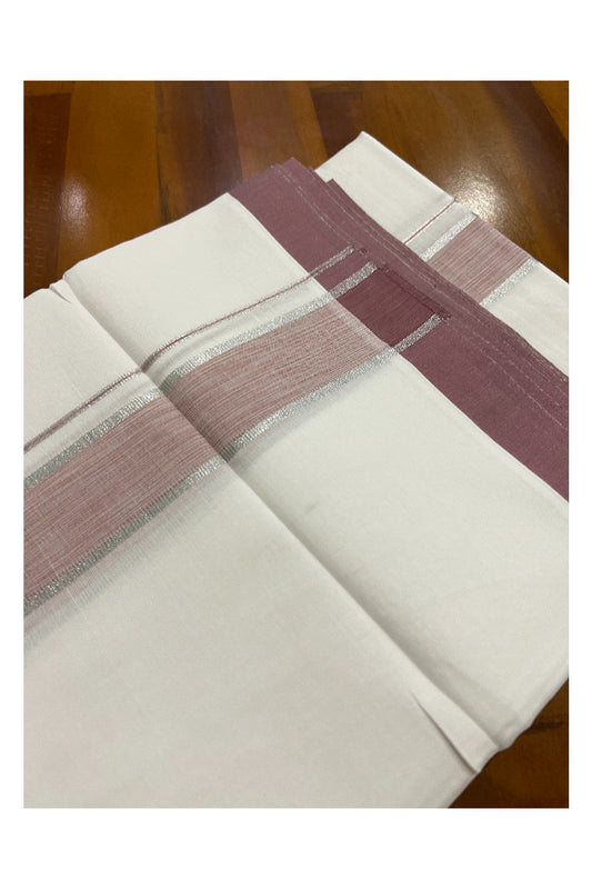 Pure White Kerala Cotton Double Mundu with Silver Kasavu and Brick Red Border (South Indian Kerala Dhoti)