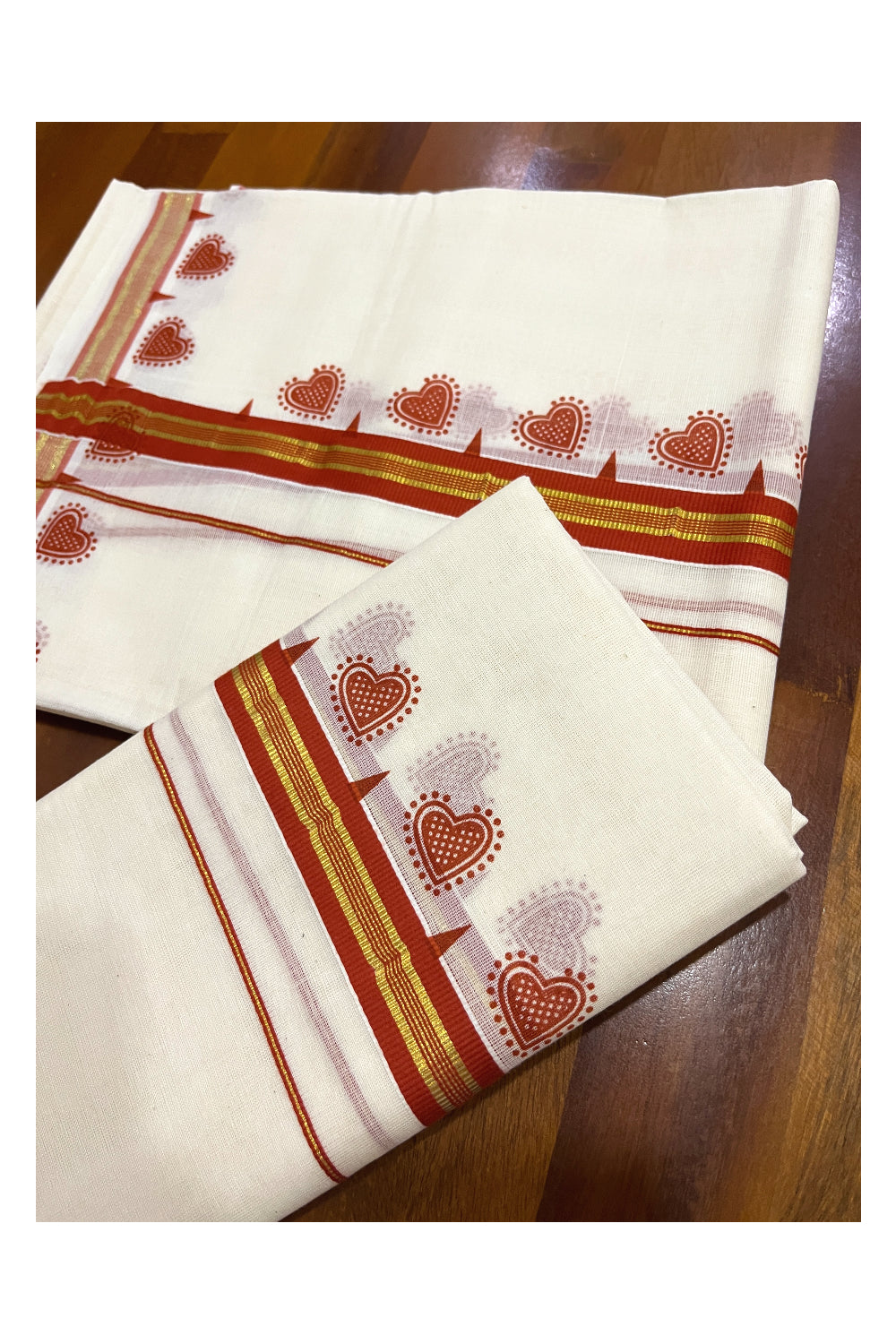 Kerala Cotton Single Kasavu Set Mundu (Mundum Neriyathum) with Orange Block Prints on Border