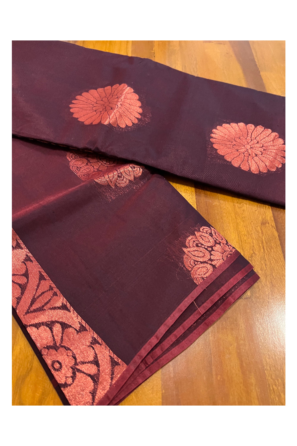 Southloom Dark Maroon Cotton Silk Saree with Copper Kasavu Woven Works on Body