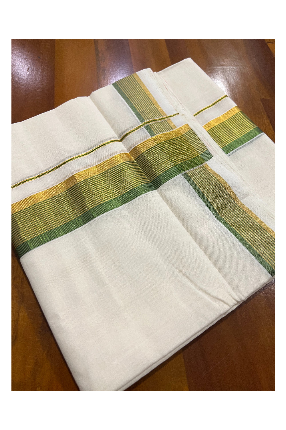 Southloom Kuthampully Handloom Pure Cotton Mundu with Golden and Light Green Kasavu Border (South Indian Dhoti)