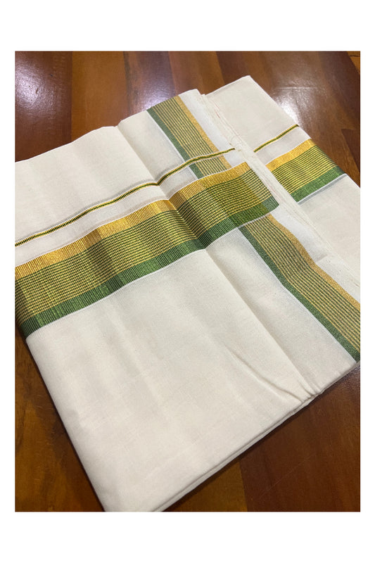 Southloom Kuthampully Handloom Pure Cotton Mundu with Golden and Light Green Kasavu Border (South Indian Dhoti)