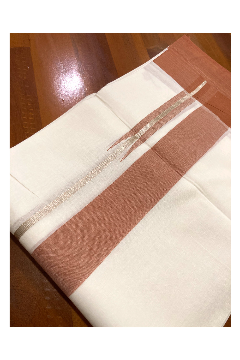 Pure White Kerala Cotton Double Mundu with Silver Kasavu and Dark Orange Border (South Indian Dhoti)