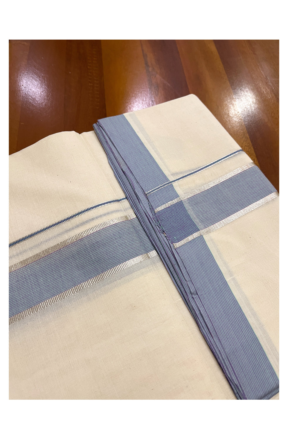 Pure Cotton Off White 100x100 Double Mundu with Silver Kasavu and Blue Border (South Indian Dhoti)