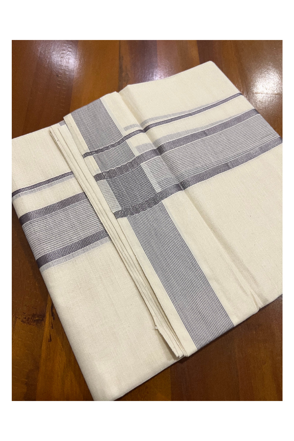 Pure Cotton Off White Double Mundu with Grey and Silver Kasavu Border (South Indian Dhoti)